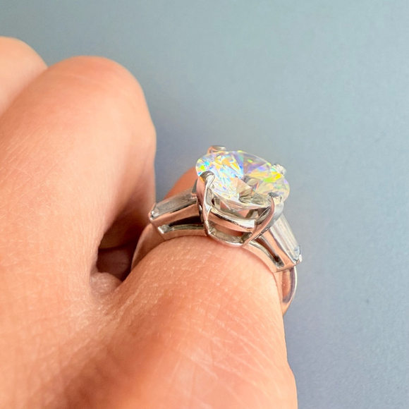 Estate Platinum 3.85 CT Solitaire White Spinel Engagement Ring Round Ring - Picture 10 of 15